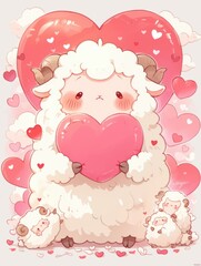 Naklejka premium Cute sheep holding a heart surrounded by fluffy clouds and hearts in a playful atmosphere