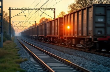 Fototapeta premium Rusty cargo train moves fast on railway tracks at sunrise sunset. Heavy freight wagons carry industrial materials. Motion blur shows train speed. Sunrise sunset light highlights rust on metal train