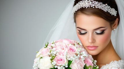 Obraz premium Bride with bouquet, wedding makeup, studio portrait, elegant background