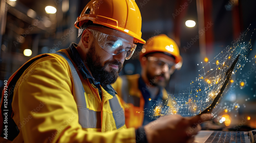 Aufkleber Engineers collaborating on project in modern industrial setting, wearing safety gear and using technology to enhance productivity and innovation