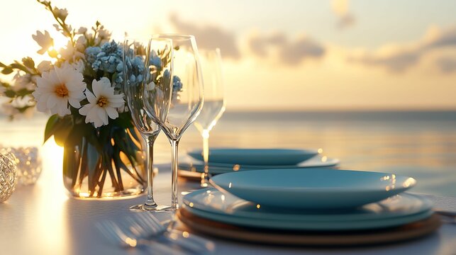 A serene dining setup at sunset featuring elegant tableware and a floral centerpiece, creating an inviting atmosphere by the ocean.