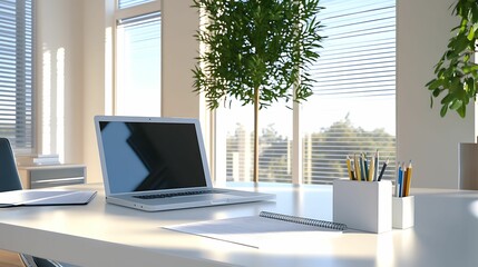 A modern workspace featuring a laptop, keyboard, and potted plants, illuminated by natural light through large windows.