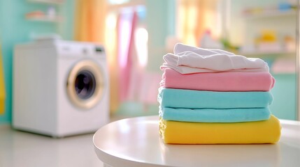 A stack of neatly folded, colorful towels sits on a table in a bright laundry room, with a washing machine in the background.