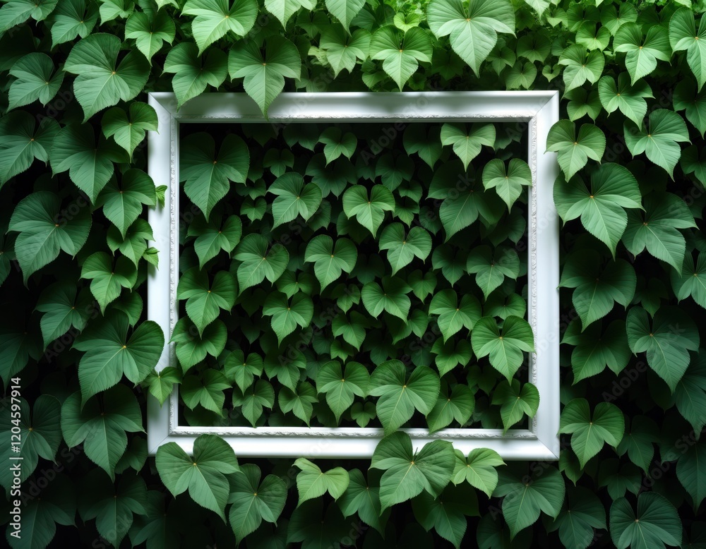 Poster white picture frame sits on wall covered with green leaves. frame creates visual contrast against vi