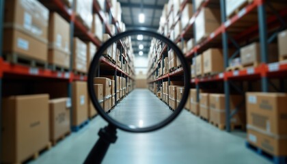 Magnifying glass focuses on warehouse interior. Modern storage space filled with cardboard boxes. Inventory management. Logistics. Supply chain. Focus on detail. Business efficiency in action.