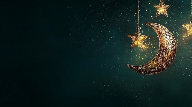 Ramadan Kareem design on green Islamic background with gold ornament star, moon and lanterns. Promotion and shopping template for raya and ramadan concept. Eid