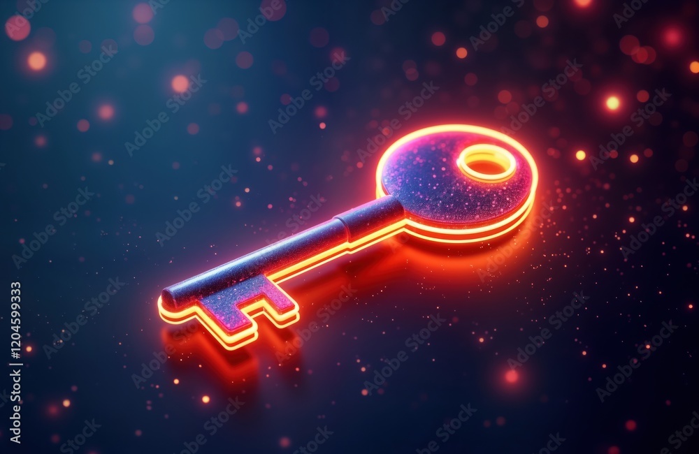 Poster neon key glows brightly in dark background. futuristic tech symbol shows access, security. glowing k
