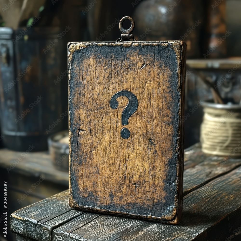 Poster rustic wooden board with question mark, set in vintage workshop. warm tones and textured surface evo