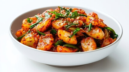 Fototapeta premium Delicious Korean dish featuring vibrant kimchi with radishes and green onions, served in white bowl. colorful presentation invites delightful culinary experience