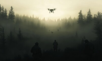 In a foggy early morning setting, military drones monitor soldiers, who in turn observe the drones, against the natural backdrop of a tactical operation.