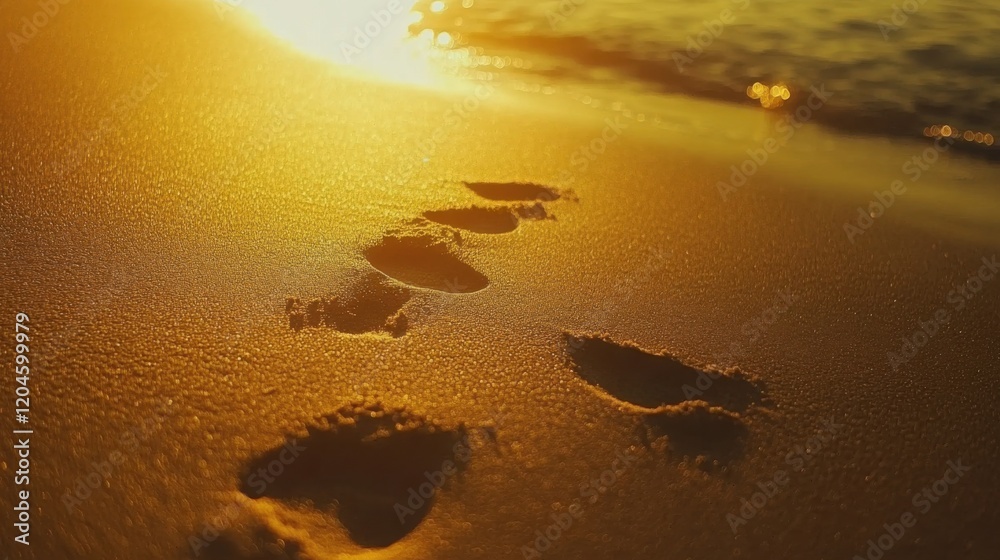 Wall mural Tranquil Beach Scene with Footprints on Soft Sand at Sunset, Glimmering Waves in the Background Creating a Perfect Serene Atmosphere for Relaxation and Reflection