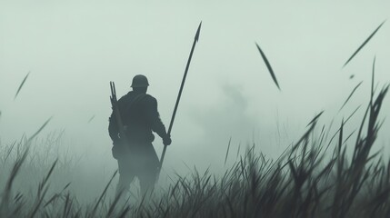 A solitary soldier stands resolute in a swirling fog, his rifle by his side, evoking a powerful image of war, duty, and loneliness.