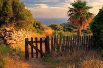 Obraz premium Serene Coastal Pathway with Rustic Wooden Gate Surrounded by Lush Greenery and Vibrant Palm Tree Under a Golden Sunset Sky by the Ocean