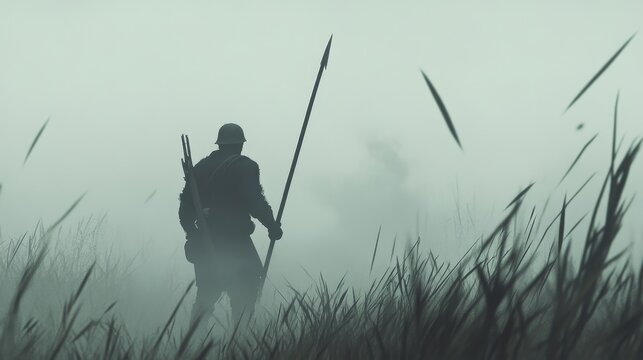 A solitary soldier stands resolute in a swirling fog, his rifle by his side, evoking a powerful image of war, duty, and loneliness.