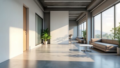 Fototapeta premium Modern office corridor with blank billboard. Contemporary furniture, glass doors featured on concrete floor. Natural light streams in from large windows view of landscape. Empty space offers