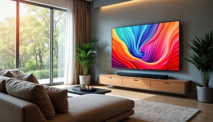 Modern living room features large vibrant TV. Stylish furniture, natural light fill space. Modern tech, comfort emphasized in modern home with beautiful background, design. Enjoy beautiful colors on