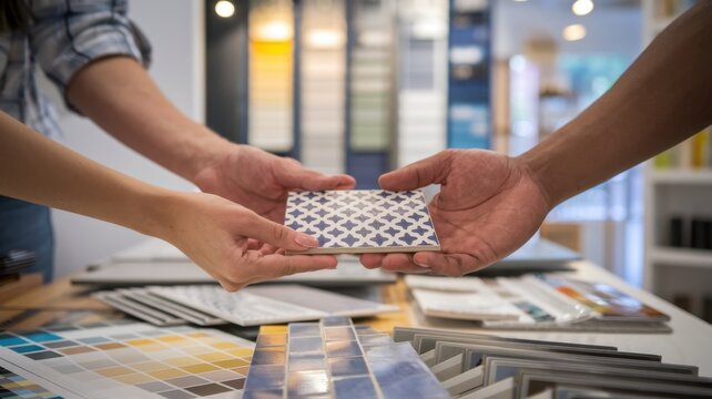 Two hands exchanging a tile sample in a design studio