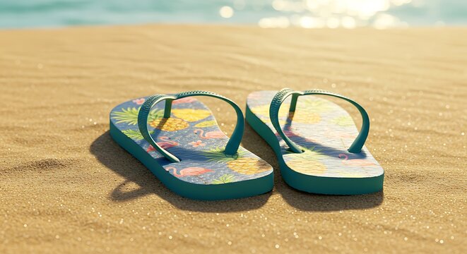 Tropical flip-flops on sandy beach. Summer vacation.  Floral pineapple flamingo design.  Watery scene.