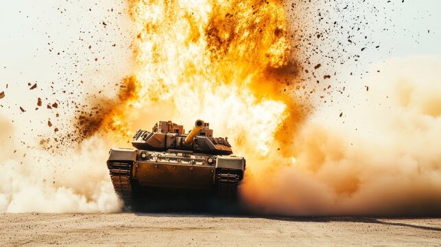 In the midst of war and devastation, an armored tank transforms into a swirling mass of explosions and flying debris, contrasting starkly against the dreary, overcast sky.