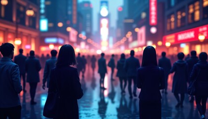 Busy city street at night. Many people walk. Silhouettes of people in suits, casual clothes. Urban scene with glowing city lights. Lots of people moving fast. City environment. Modern lifestyle.