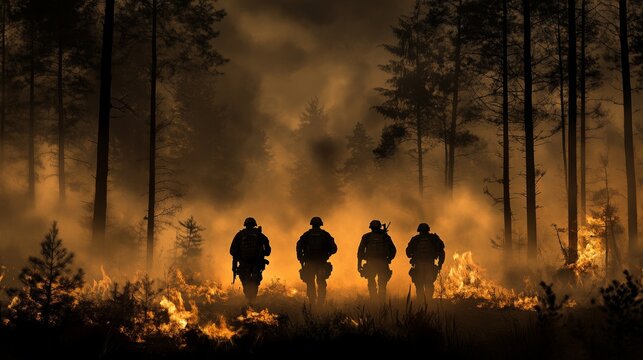Advancing Soldiers in an Early Morning Misty Forest - designed using Stock