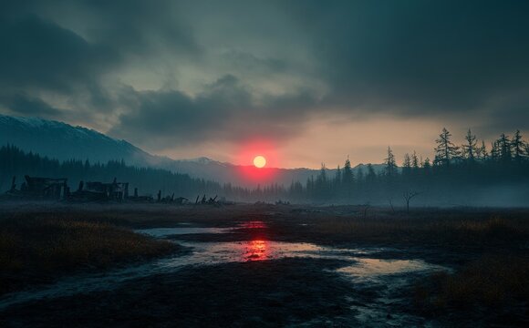 The Desolate Battlefield at Twilight, Littered with Discarded Armor and Broken Bits, Showcasing the Violent Consequences of Medieval Combat