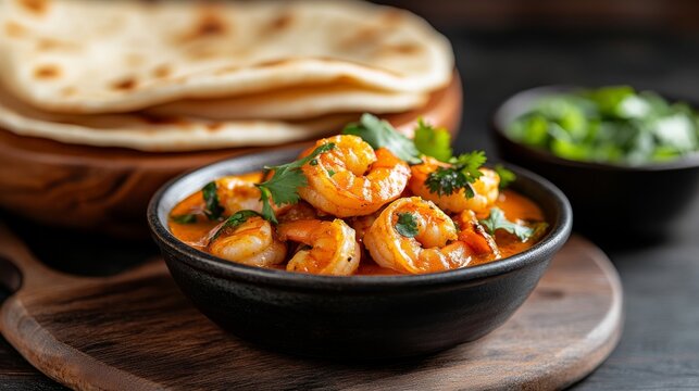 Jhinga masala, prawns saut&eacute;ed in curry sauce with an unmatched flavor. Close-up of jhinga masala served&nbsp;with&nbsp;a&nbsp;Roti.