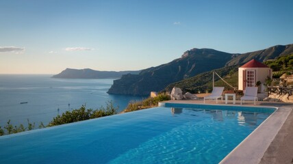 Fototapeta premium Stunning infinity pool overlooking the serene coastal landscape