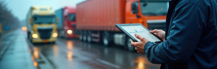 Person uses digital tablet to monitor truck fleet routes on wet street. Specialist manages logistics, vehicle traffic. Tech solution optimizes transportation. Modern tech improves efficiency in