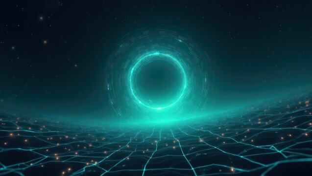 A futuristic circular neon portal in teal, glowing against a dark cyber grid with soft mist effects
