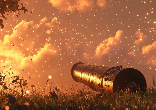 An old war cannon from 1860 is depicted in a dreamlike setting with ethereal landscapes, effectively blending historical elements with imaginative visuals to create a one-of-a-kind experience.