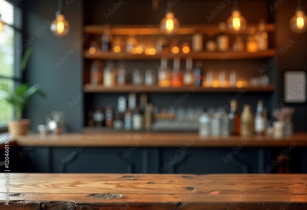 Poster wooden bar counter table top in dimly lit eatery interior. darkened background of bar area shows she