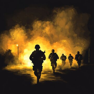 War-ravaged soldiers dash across the sandy terrain, their shadows cast by the dimming sunlight as they engage in tense military combat.