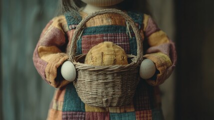 A whimsical doll in a colorful patchwork dress tenderly holds a small wicker basket, evoking warmth and nostalgia.