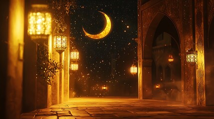 Obraz premium realistic islamic background with crescent and Lanterns. background for Islamic religions ,Eid al fitr, Eid al adha, Happy muharram, Islamic new year, Ramadan kareem. realistic islamic background 