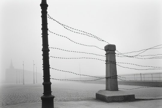 The barbed wire fence vanishes into the heavy fog, instilling a sense of unease and isolation.