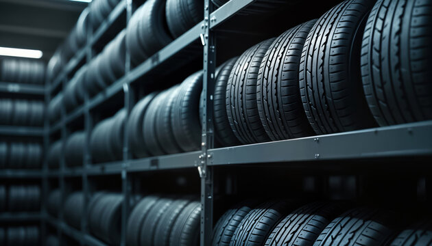 Indoor auto shop displays new car tires on metal shelves. Many tires stacked neatly. Garage environment. Modern storage. Vehicle maintenance. New tires for sale. Tire shop. Assortment of tires.