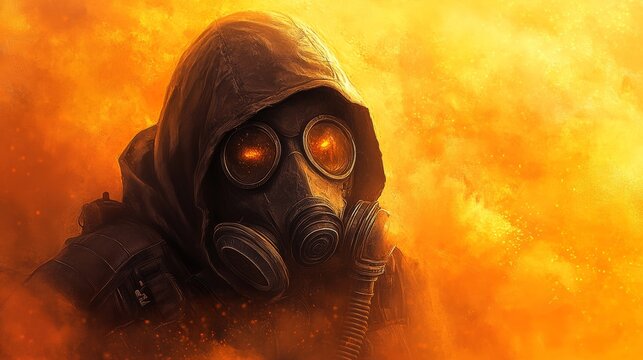 A gas-masked individual, wearing a hooded sweatshirt, is positioned in a yellow haze.