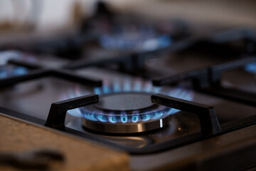 Blue Flame of a Gas Stove Burners in Operation