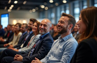 Business people happily listen to startup owner at trade show. Laughing, engaged. Event in large hall. Atmosphere lively, enthusiastic. Business people seem interested in presentation. Many people in