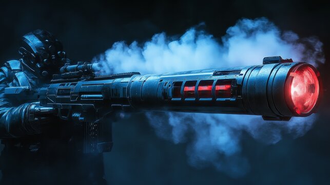 In a night action scene, a 3D illustration captures a sci-fi mech clad in robust tank metal armor, posed for attack, wielding two assault guns with laser sights in a foggy environment with a dark
