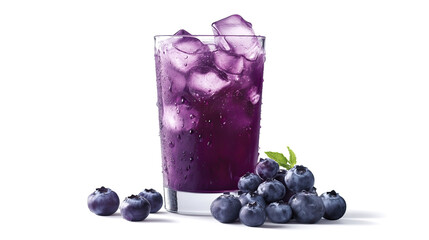 glass of purple blueberry juice with ice cubes isolated on white background	