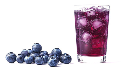 glass of purple blueberry juice with ice cubes isolated on white background	