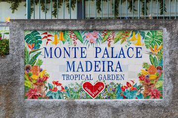 Colourful sign made of tiles with words „Monte Palace Tropical Garden” – Funchal, Madeira,...