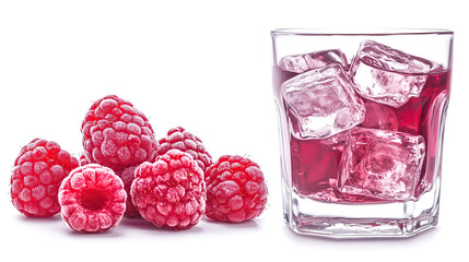 glass of red raspberry juice with ice cubes isolated on white background	