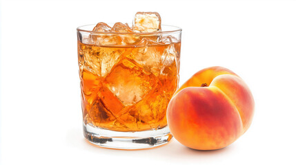 glass of peach juice with ice cubes isolated on white background
