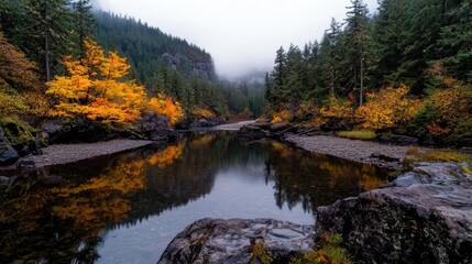 Fototapeta premium Autumnal river reflection in misty forest valley