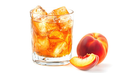glass of peach juice with ice cubes isolated on white background