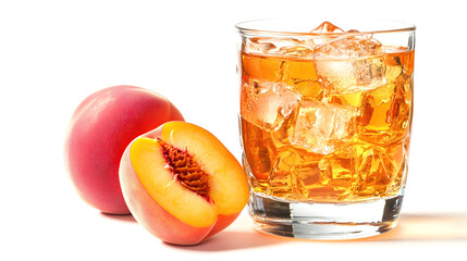 glass of peach juice with ice cubes isolated on white background