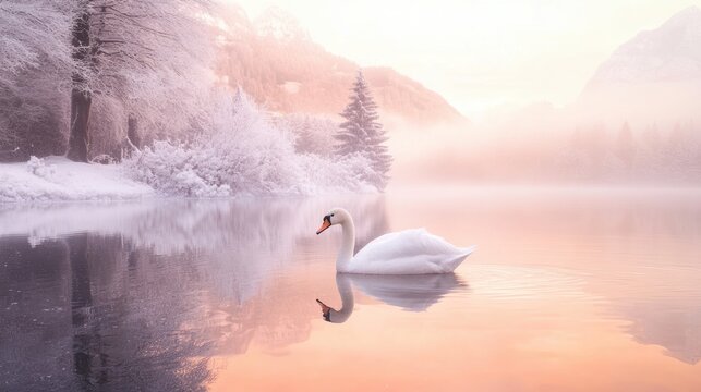 Swan in lake with snow covered forest in winter.